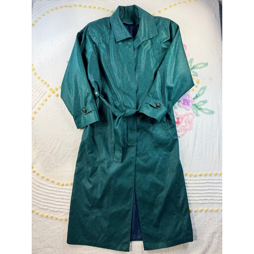 London Fog Vintage Teal Green Patterned Trench Coat‎ Belted Rain Jacket Size 16R